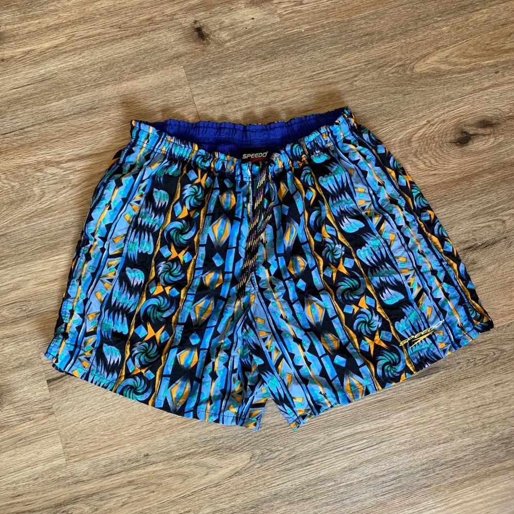 Vintage 1990s Speedo Swim Trunks, Blue Geometric Print Shorts - Size Medium Mens